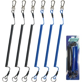Pristis 6 pcs Fishing Coiled Lanyards, Heavy-duty Retractable Keychain Pole Tether, Stretchy Safety Leash with Steel Wire Carabiner, Board Rod Strap Accessory for Tools Gear Tackle Kayak, Black & Blue