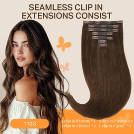 DOORES Human Hair Clip in Extensions, Chocolate Brown 12 Inch 7pcs 80g, Seamless Clip in Hair Extensions Seamless Weft Remy Thick Hair Straight Natural Invisi Edge Weft