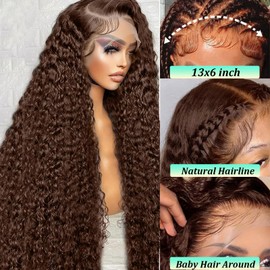 Chocolate Brown Lace Front Wigs Human Hair 13X6 Deep Wave Lace Front Wigs Human Hair Pre Plucked 180% Density HD Transparent Lace Frontal Wigs For Women Colored Deep Curly (Chocolate Brown, 28 Inch)