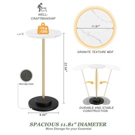 Round Side Table, Small Drink Table for Small Spaces, Modern Accent End Table Coffee Table with Metal Leg for Living Room, Bedroom, Corners, and Office (White Marble)