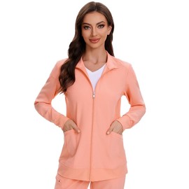 COZYFIT Scrub Jackets for Woman, Zip Front Nurse Jacket, 4-Way Stretch Fabric - Coral Red, L