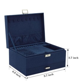 Soddeph Large Jewelry Organizer Box, 3-tier Display Case, Velvet Jewelry Box with Lock and Drawers, Varying Compartments for Necklace, Bracelets, Earrings, Rings, and Watch (Blue, Extra Large)