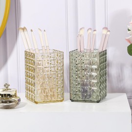 DASITON Makeup Brush Holder Organizer, Acrylic Makeup Brush Cup, Diamond Striped Make Up Brush Holder for Vanity, Bathroom Countertop, Toothbrush Holders, Pen Holder for Desk Storage (Green)