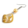 Antique Yellow Shell Bead Drop Earrings In Silver Tone -
