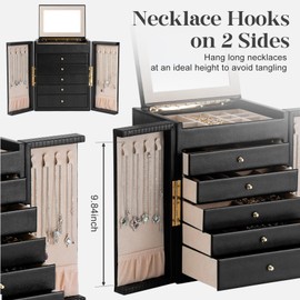 Dajasan Large Jewelry Organizer Box with 5 Drawers, Jewelry Box for Women, 6-Tier Jewelry Storage Organizer with Mirror for Necklace Ring Bracelet Watch, Gift Idea (Black)