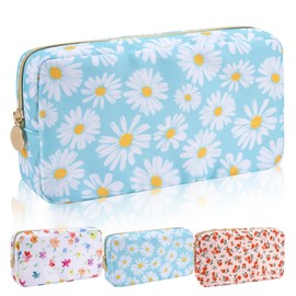 Iqimott - Mini bolsa de maquillaje floral de nailon, bonita bolsa de cosméticos pequeña, impermeable, con cierre, bolsa de viaje, Blue-Daisy, Pequeño, Moda
