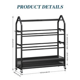 Homeiju Sports Equipment Organizer, Ball Storage Rack, Garage Sports Gear Rack with Wheels and Hooks, Indoor/Outdoor Shelf Rack for Sports Gear, Black