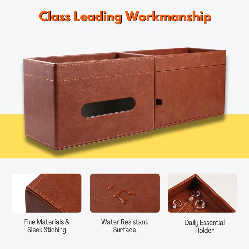 LAMOTI Rectangular Tissue Box Cover with Storage Tray, Leather Facial
