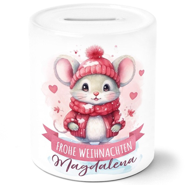 Children's Money Box with Name and Saying Merry Christmas Animal Motifs Money Gifts Piggy Bank Ceramic Mouse 2 White Money Box