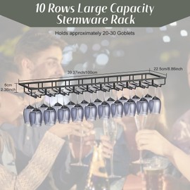 Xverycan Wine Glass Rack Under Cabinet, 10 Row Extreme Large Stemware Hanger, Metal Wine Goblet Holder, DIY Bar Glass Storage Rack for Bar Counter, Kitchen, Screws Included