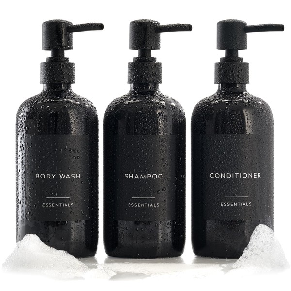 Stylish Shampoo and Conditioner Dispenser Set of 3 - Modern 21oz Shower Soap Bottles with Pump and Labels - Easy to Refill Body Wash Dispensers for an Instant Bathroom Decor Upgrade - Black