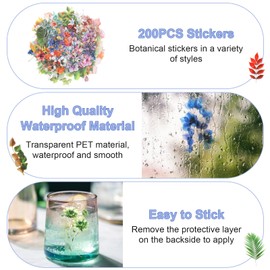 200 transparente Blumenaufkleber, Retro-PET-Pflanzenaufkleber, Blumen- und Grasaufkleber geeignet für Albumaufkleber, DIY-Tagebuchaufkleber, scrapbooking sticker