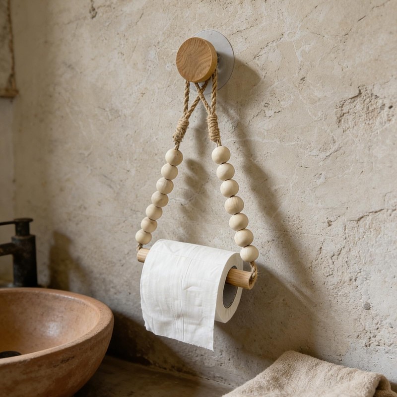 Wood Bead Toilet Paper Holder Boho Toilet Roll Holder Bathroom