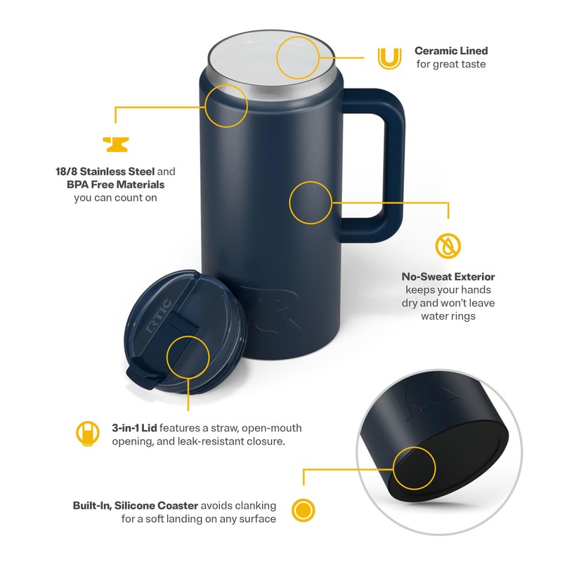 RTIC 64 oz Ceramic Lined Insulated Road Trip Tumbler, Leak-Resistant