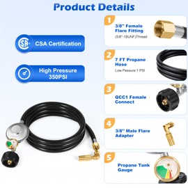 WADEO Manguera reguladora de propano de 7 pies con calibre y adaptador de codo proane para parrilla de mesa Blackstone de 17 y 22 pulgadas y la mayoría de parrillas de gas LP con ajuste de conexión de
