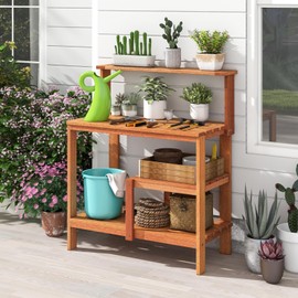 Giantex 4-Tier Potting Bench, Solid Wood Gardening Workstation w/Open Storage Shelves, Teak Oil Finish, Outdoor Potting Table for Garden, Yard, Balcony, Easy Assembly, Natural