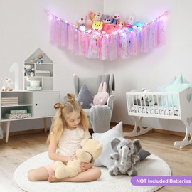 MHJY Toy Hammock Stuffed Animals Storage Net Soft Cuddly Toys Large Corner Hanging Net With LED Light Hand Woven Plush Macrame Organizer with Tassel for Kids Bedroom Nursery