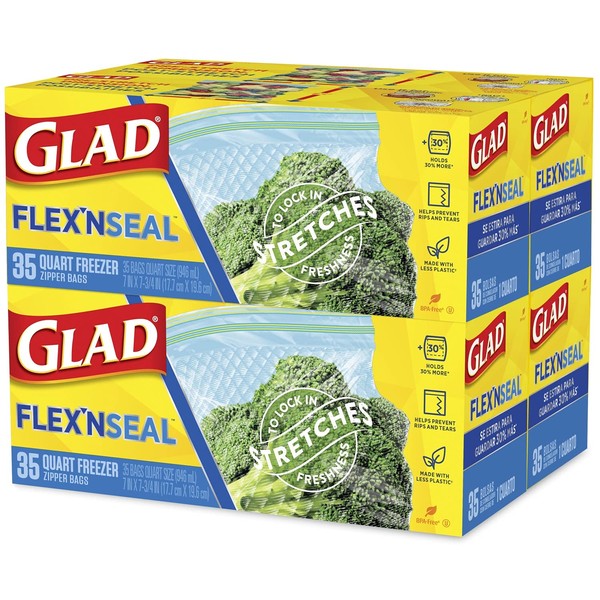 Glad Food Storage Glad Flexn Seal | Freezer Quart Bags - 35Count(Pack of 4) | Package May Vary