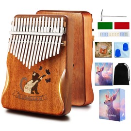 Karimba 17 Keys Mahogany Thumb Piano, Beginner Set, Tuning Hammer, Flannel Bag Included, Japanese Learning Instruction, Music Notes, Katakana Scale Sticker, Gift for Kids and Adults (Cats)
