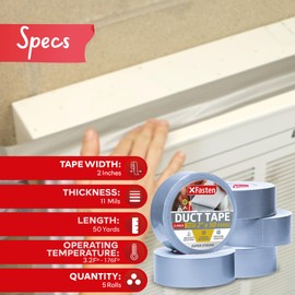 XFasten Silver Duct Tape Heavy Duty Waterproof 2 Inch x 50 Yards (5-Pack, 750ft Total) 11 mils Super Strong Grey Duct Tape Bulk for Outdoor Use, HVAC, Automobile, Indoor, Repair and Patching