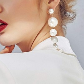 VOMONO Women Earrings Pearls Long Dangle Ear Cuff Stud Earrings Eardrop Jewelry Gift for Women Girls White