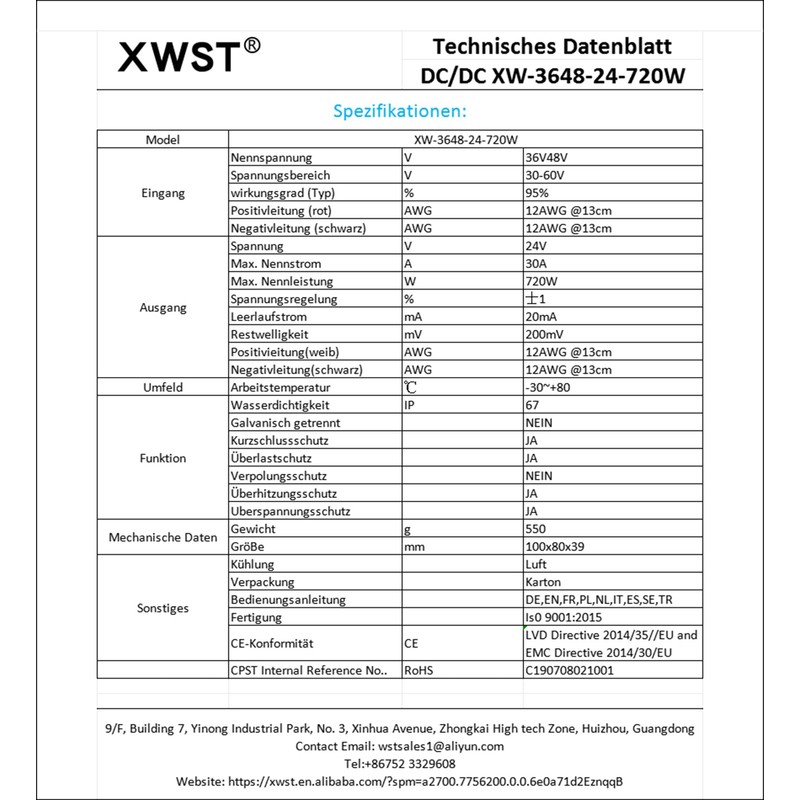 XWST DC DC 36V 48V auf 24V Spannungsregler 30A 720W