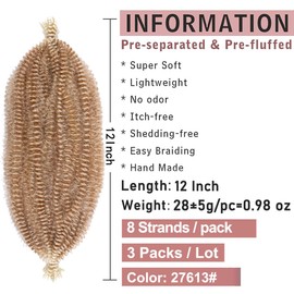 12 Inch Pre-Separated Springy Afro Twist Hair 3 Packs Spring Twist Crochet Braiding Hair For Butterfly Soft Locs Light Brown/Blonde Synthetic Marley Twist Hair For Women(8 Strands/Pack,T27613#)