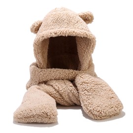 Umeepar Winter Faux Fur Hood Hat Scarf and Gloves 3 in 1 Hooded Scarf for Women Men (Khaki)