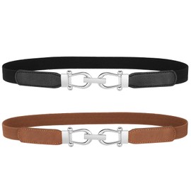 JASGOOD 2 Pack Women Skinny Elastic Belt for Dresses,Thin Retro Stretch Waist Belt with Silver Buckle,Black+Brown