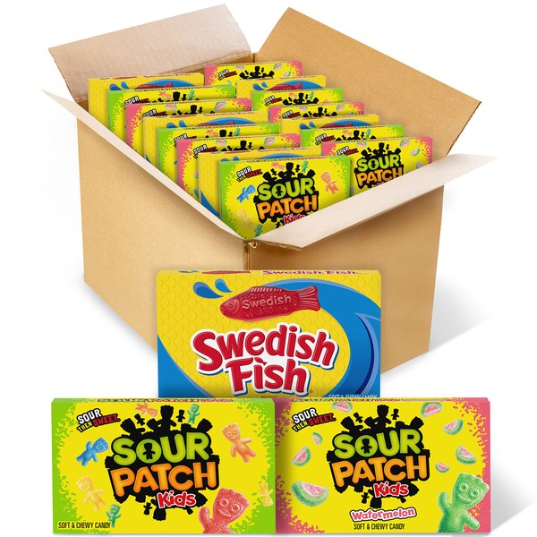 SOUR PATCH KIDS Original Candy, SOUR PATCH KIDS Watermelon Candy & SWEDISH FISH Candy Variety Pack, Halloween Candy, 15 Movie Theater Candy Boxes