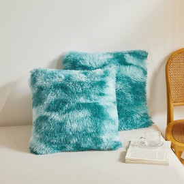 XeGe Tie Dye Faux Fur Throw Pillow Covers, Luxury Fluffy Plush Pillow Shams, Ombre Shaggy Decorative Pillow Cushion Cover for Sofa Bed Couch Zipper Closure, Pack of 2(18''x18'', Tie Dye Teal Green)