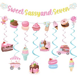Yoyuspy 7th Birthday Decorations for Girls - 10PCS Sweet Sassy and Seven Birthday Decoration Donut Banner and Hanging Swirls in Pink Ice Cream (Cartoon) Pattern for Ice Cream Party Supplies