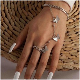 Cimenexe Bohemian Butterfly Finger Bracelet Butterfly Slave Bracelet Station Ball Ring Hand Chain Bracelet Silver Ring Wrist Bracelet Beach Hand Chain Jewelry for Women and Girls Gifts