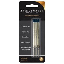 Bridgewater Pen Company Ballpoint Pen Refills, Black Ink, Medium Tip, German Quick-Dry Ink, 3-Pack