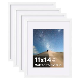 KINLINK 11x14 Picture Frame White Set of 4, Wooden Photo Frames Matted 8x10 with Plexiglass for 8x10 with Mat or 11x14 without Mat for Table and Wall Display