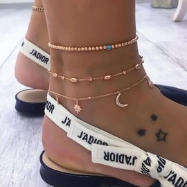 Bufenia Layered Anklets Gold Ankle Bracelet Chain Adjustable Beach Summer Anklets Foot Jewelry for Women and Girls (Star and Moon)