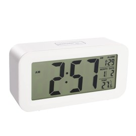 HUSAIHU Digital Alarm Clock, LCD Digit Clock Display with Temperature, USB Touch Bright Screen, Snooze,12/24H, Bedroom, Desk, Home Office and Travel (White)