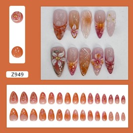 Mkwntg 30Pcs Spring Summer Flower Press On Nails Short Almond Fake Nails with 3D Gold Beads Floral Design Glitter Hibiscus Full Cover Glue on Nails Pink Orange Ombre Acrylic Stick on Nails for Women