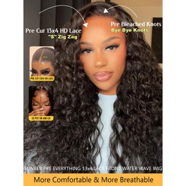 Sunber Water Wave Human Hair Wigs with Elastic Drawstring Kinky Edges Pre Everything 13x4 HD Lace Frontal Pre Plucked Pre Bleached Knots 180% Density 18Inch 3S Put On and Go Glueless Water Wave Wigs