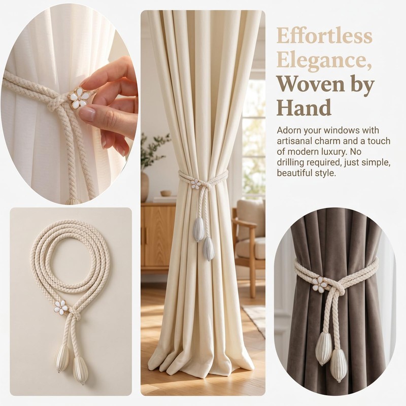 Elovara 2 Pack Cotton Rope Tie Backs, Flower Buckle Drill
