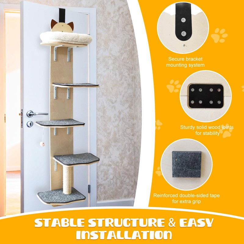 5-Levels Door Hanging Cat Climber, Vertical Door-Mounted Cat Tree Tower