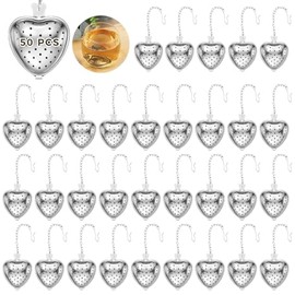 50 coladores de té, filtros de bola de té de acero inoxidable, infusores de té de hojas sueltas, difusor de intervalo de té, filtros de té de malla en forma de corazón con gancho de cadena extendido