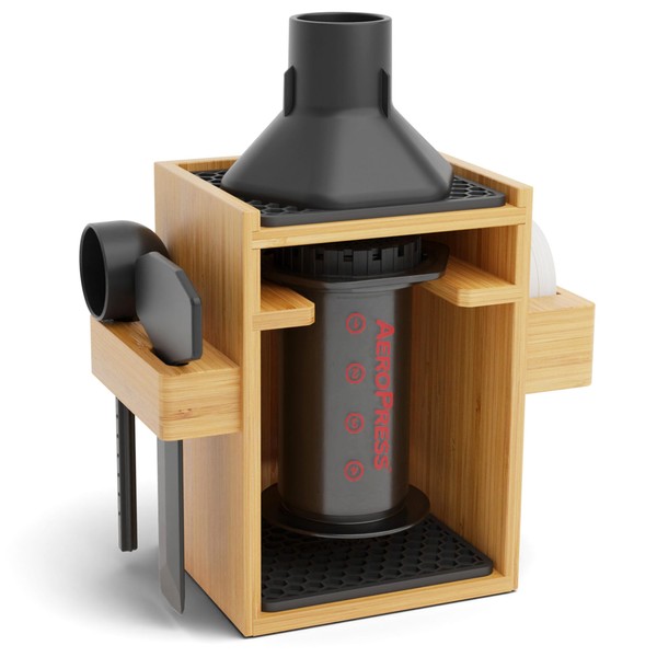 HEXNUB – Bamboo Organizer for AeroPress, Compact Coffee Caddy Station Holds AeroPress Coffee Maker, Accessories, Filters, Cups, Stand includes Mats (Black)