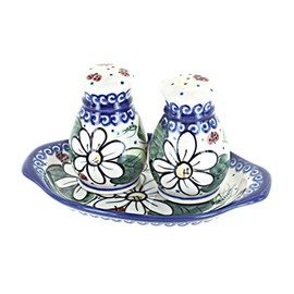 Polish Pottery Ladybug Salt & Pepper Shakers with Tray