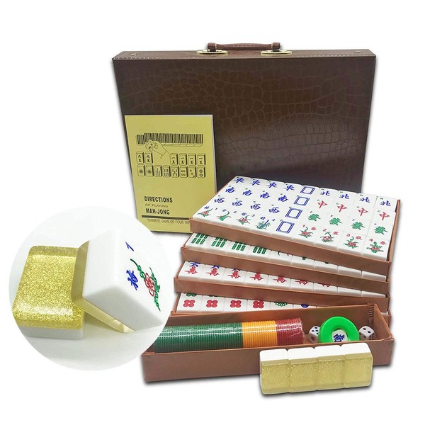 Mose Cafolo Chinese Mahjong X-Large 148 Numbered Acrylic Tiles 1.5" Large Gold Tiles with 4 Blank Tiles Carrying Travel Case Pro Complete Game Set (Mahjongg, Majiang)