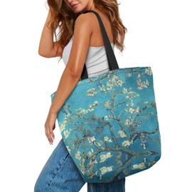 Jolamirel Almond Blossom Painting Large Shopping Bag Canvas Shoulder Purse, Van Gogh Painting Flowers Foldable Totes Reusable Grocery Bag for Groceries, Food, Drinks