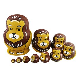 Set von 10 Tierthema Stapeln Spielzeug Russischen Puppe Handgefertigt Spielzeug aus Holz Panda Eule Pinguin Ente Küken Affe Löwe für Kinder Kinderzimmer Decor (Löwe)