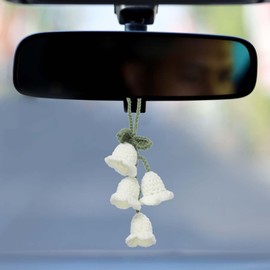 sourcing map Crochet Car Hanging Accessory, Handmade Ornament with 4 Cute Little Tulip Flowers for Car Decor Bag Keychain, White