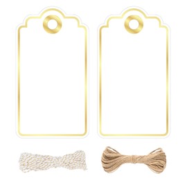 jijAcraft 5 x 9 cm Gift Tags with Gold Edge: White Paper Tags for Labelling, Pack of 100 Kraft Paper Labels Tags with Hole and String for Wedding, Birthday, Christmas