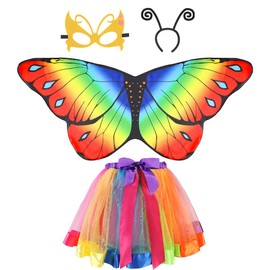 AUTOWT Girls Fairy Butterfly Wings Costumes - 4Pcs Little Girls Dress Up with Rainbow Tutu Skirt and Headband for 3-9 Years Kids Photography Birthday Dance Party Surprise